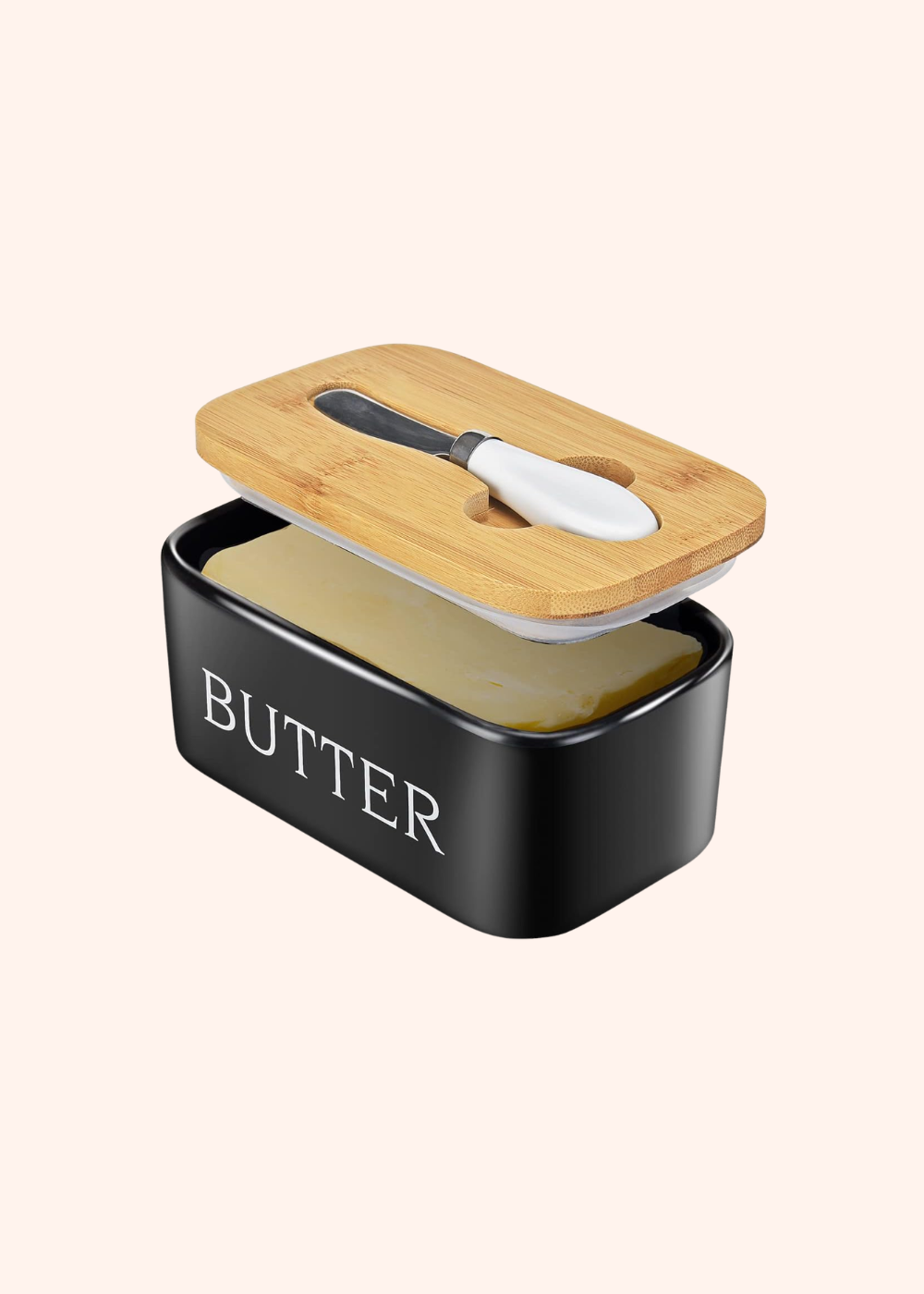 Ceramic Butter Dish with Lid and Knife & Silicone Seal for Countertop Black | Suitable Capacity